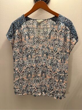 Lucky Brand Blue and Peach Printed V-Neck Blouse